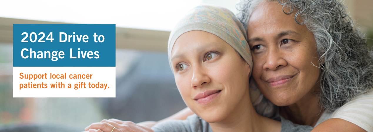 Portrait of a female cancer patient wearing a head wrap sitting in front of a window. Copy reads "2023 Drive to Change Lives. Support local cancer patients with a gift today"