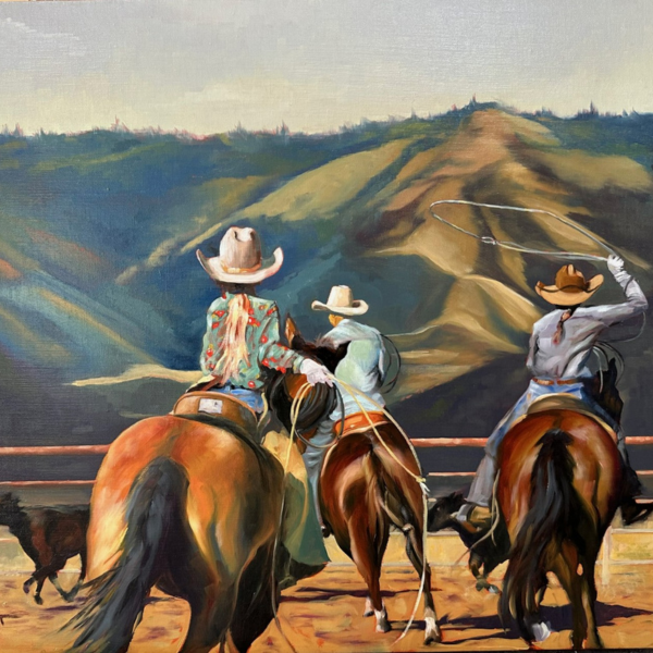 Jerry Scott original painting of a cattle branding at Hearst Ranch