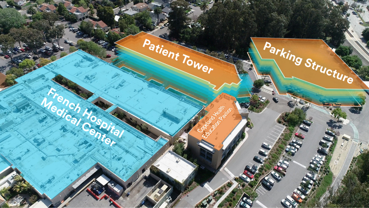 An aerial view of French Hospital with rendering of the hospital expansion footprint