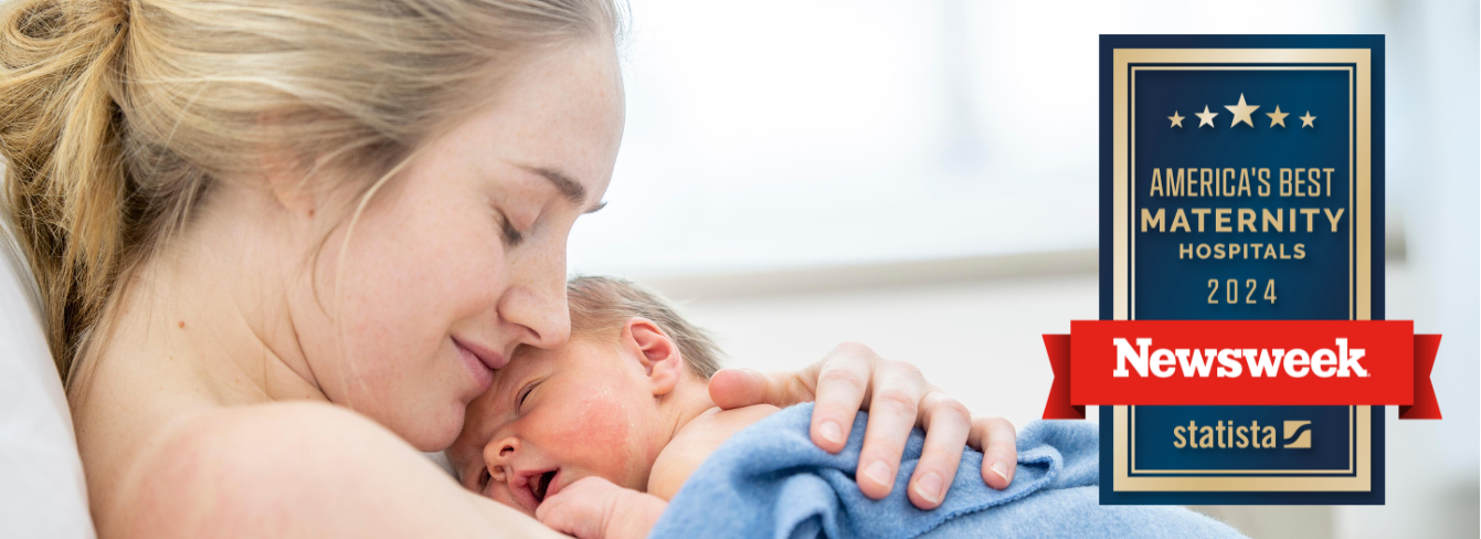 A mother lovingly craddles her newborn baby against her chest. Logo overlaid: America's Best Maternity Hospitals 2024, Newsweek and Statista