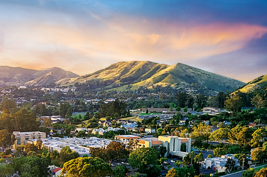 Aerial landscape photograph of San Luis Obispo with French Hospital in the foreground