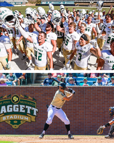 Top Photo: Cal Poly Football Players stand in a group with helmets raised. Bottom Photo: Cal Poly baseball player Brooks Lee at bat