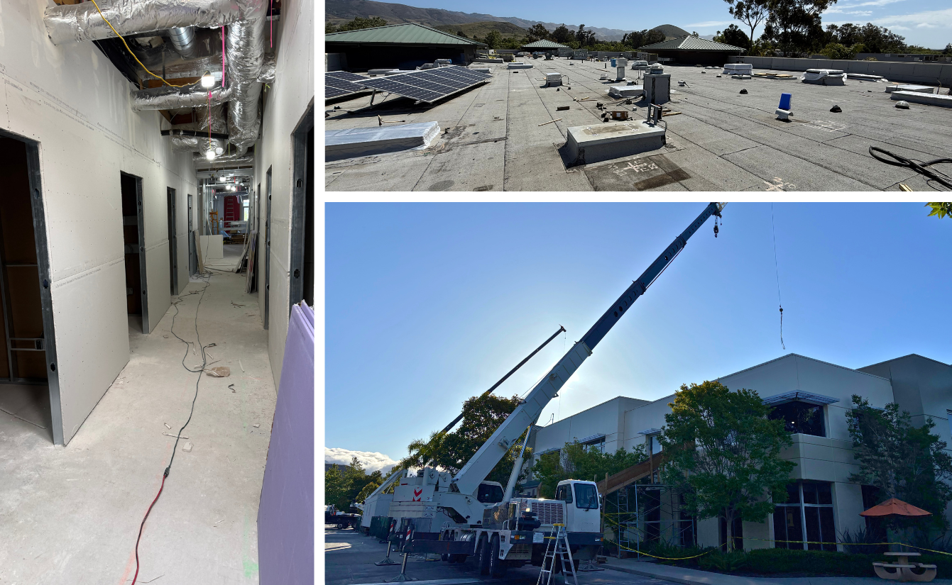 Three photos of construction at the new cancer center