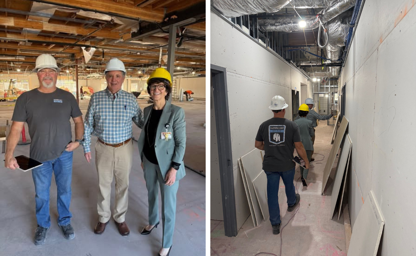 Hospital CEO Sue Andersen tours the construction site of the new comprehensive cancer center in February 2026. Construction progress visible in background.