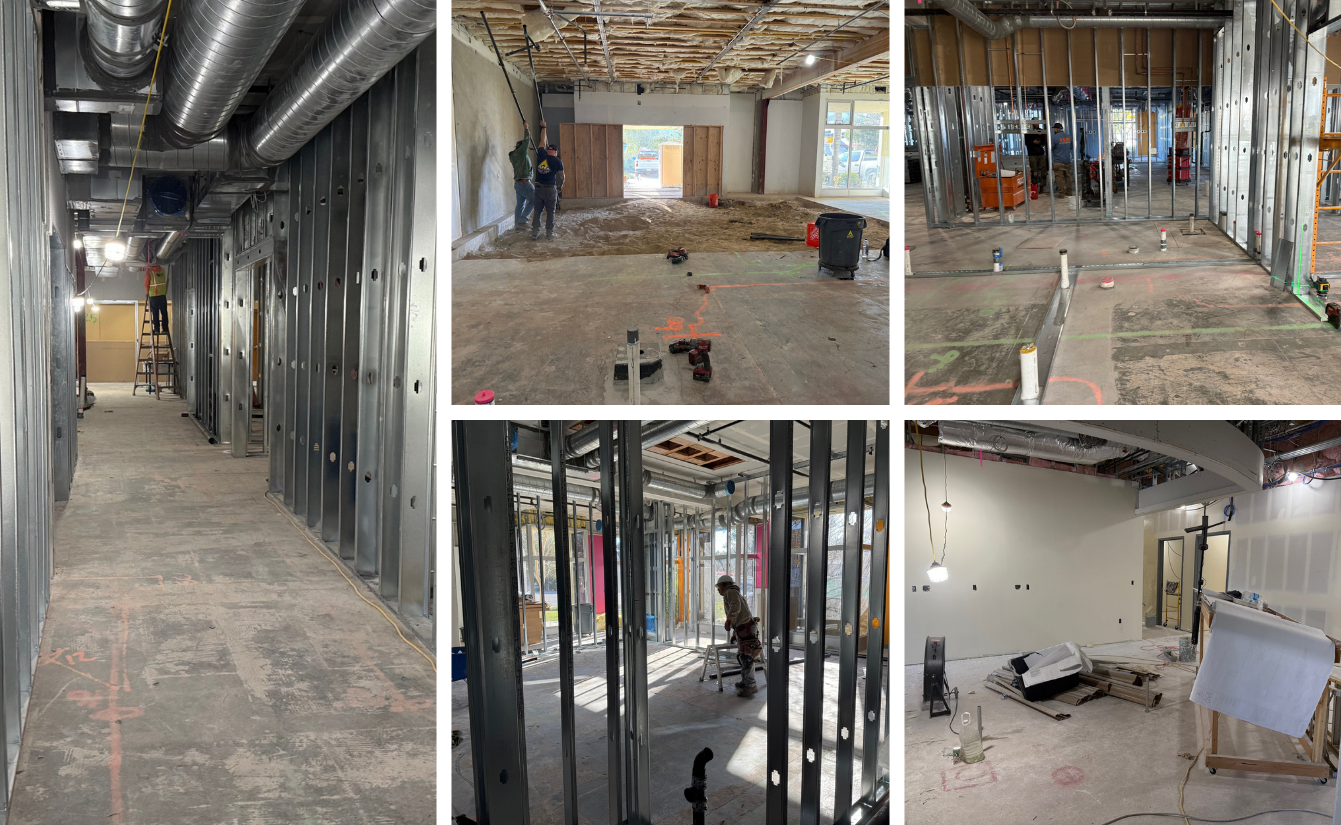 Five images of construction progress at the new comprehensive cancer center Feb 2026. Images shows steel framing of walls, drywall installation and other construction activity.