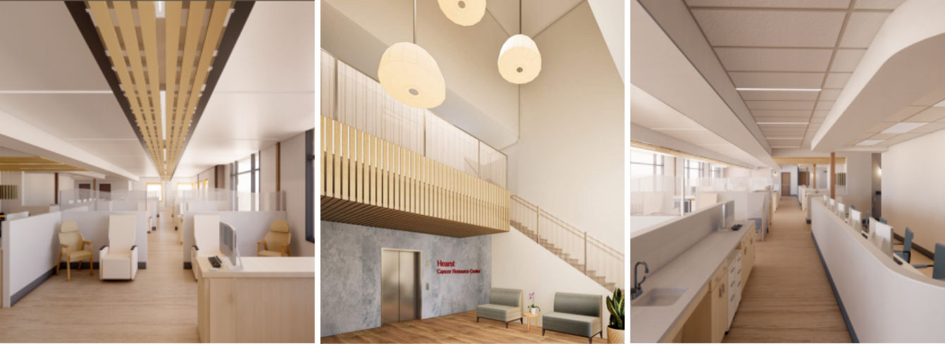 Three renderings of the interior of the new comprehensive cancer center, coming in 2026. Three renderings of the interior of the new comprehensive cancer center, coming in 2026.