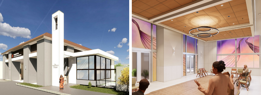 Renderings of the exterior and interior of the Swanson Family Chapel