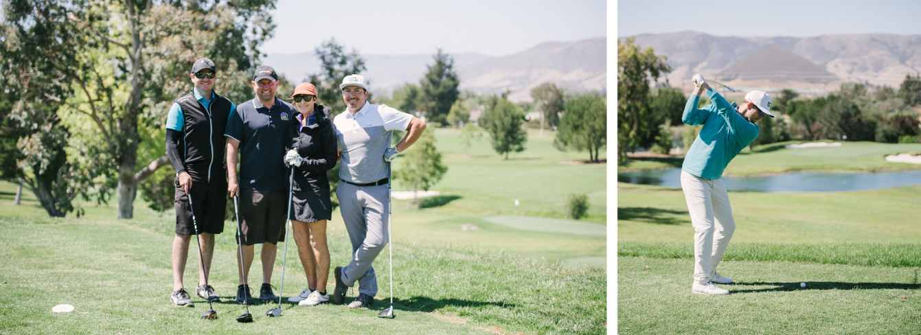 2022 French Cup: right, a golf team of three men and one woman stand together on the green; Left: a male golfer swings