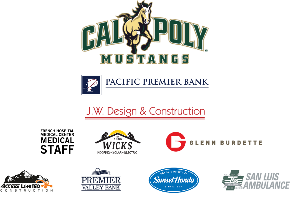 Logos: Cal Poly Mustangs, Pacific Premier Bank, J.W. Design & Construction, French Hospital Medical Staff, Wicks Roofing, Access Limited Construction, Premier Valley Bank, Sunset Honda, San Luis Ambulance