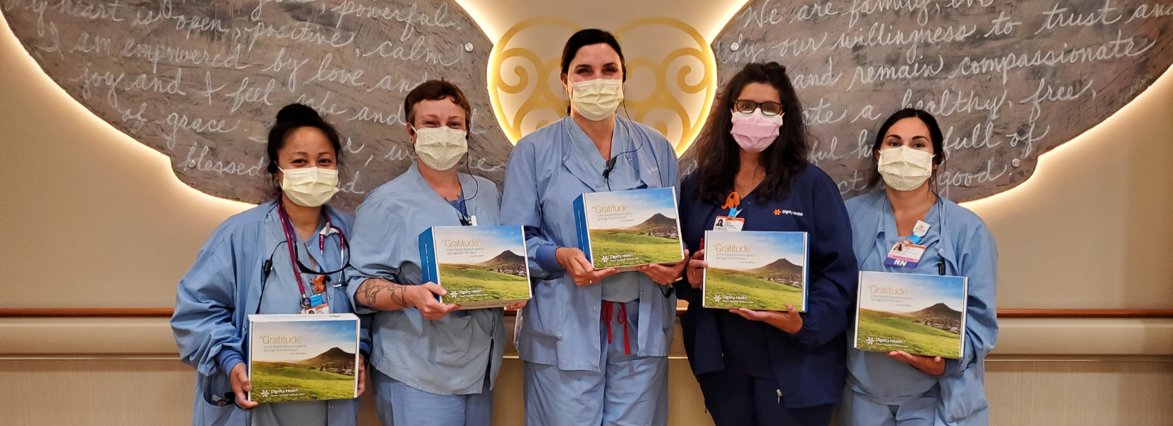 Five French Hospitals RNs hold their gratitude gift boxes Five French Hospitals RNs hold their gratitude gift boxes