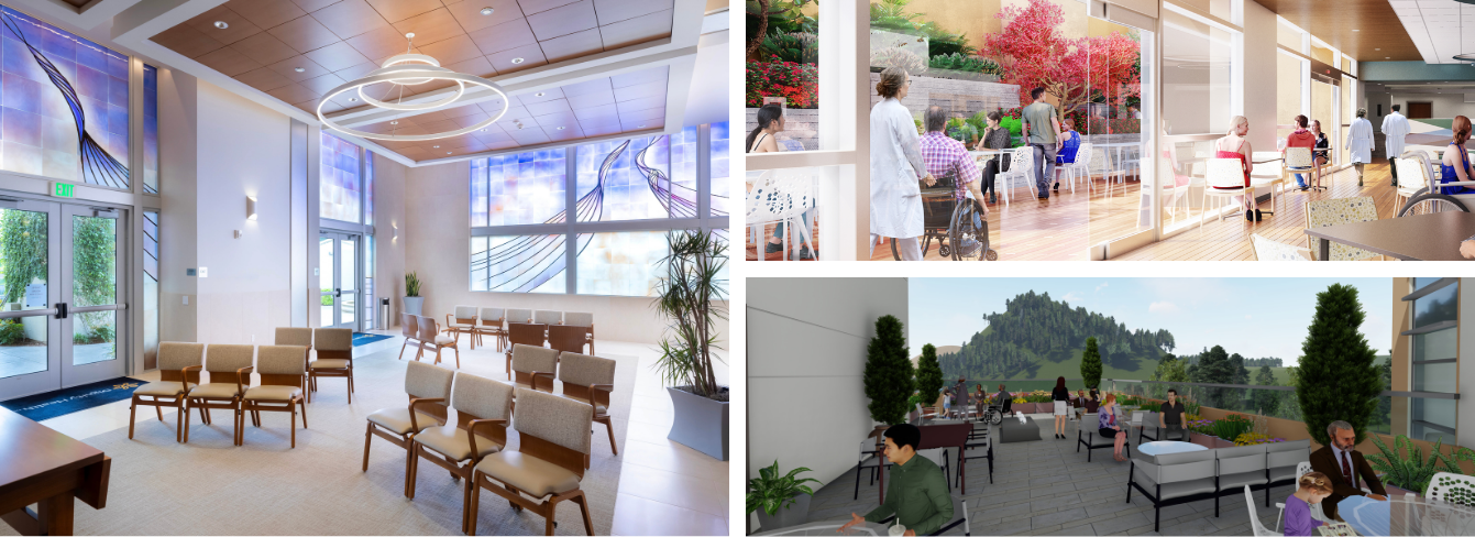 Swanson Family Interfaith Chapel; Rendering of outdoor bistro dining area; rendering of rooftop garden terrace 