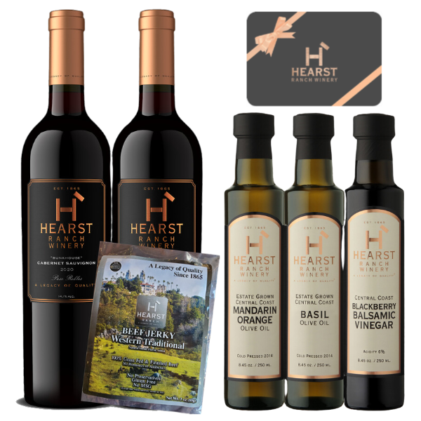 Hearst Ranch Gift set items, including wine, beef jerky, olive oil and a gift card.