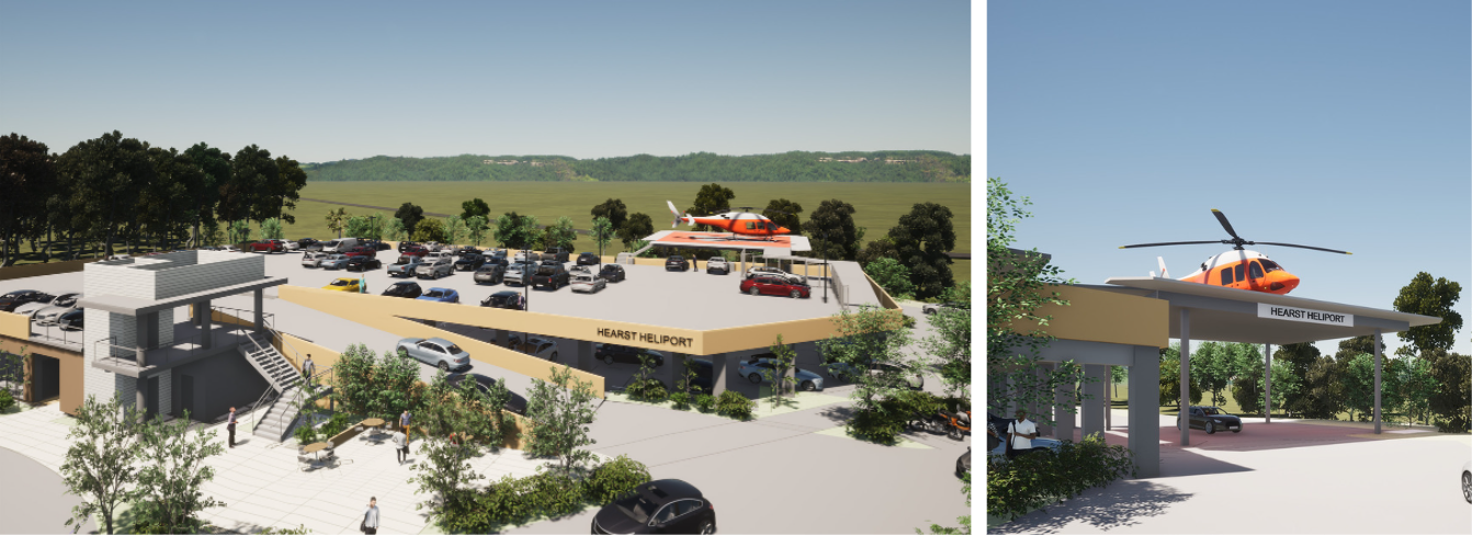 Rendering of the new Hearst Heliport, located on a new parking structure Rendering of the new Hearst Heliport, located on a new parking structure