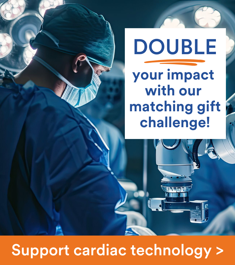 Physician shows a patient advanced imaging in a surgical suite. Copy reads Support cardiac technology. Double your impact with our matching gift challenge.
