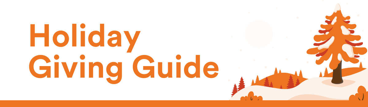 Graphic icons of trees. Copy Reads Holiday Giving Guide. 