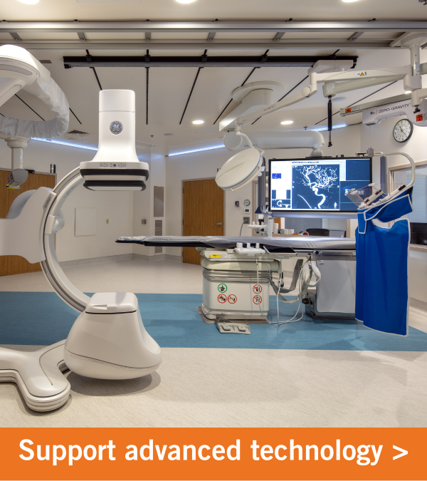 French Hospital's Cardiac Cath Lab. Copy reads "support advanced technology" 