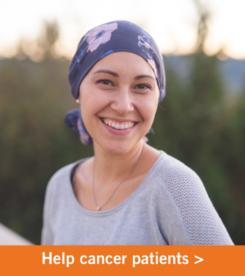 Image of a smiling female cancer patient. Copy reads "Support cancer patients".