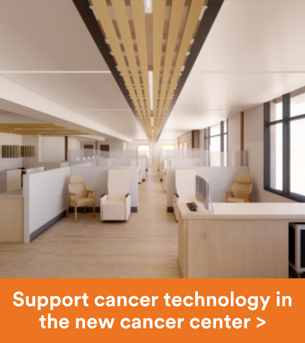 Rendering of the interior of the new comprehensive cancer center. Copy reads "Support cancer technology in the new cancer center".