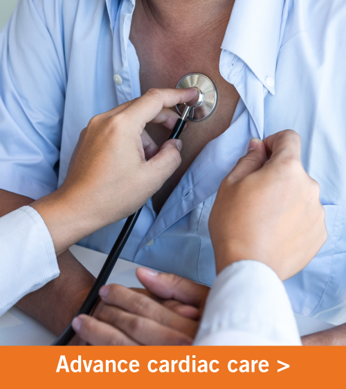 Image of a physician listening to a male patient's heart with a stethoscope. Copy reads "Support Cardiac Care".
