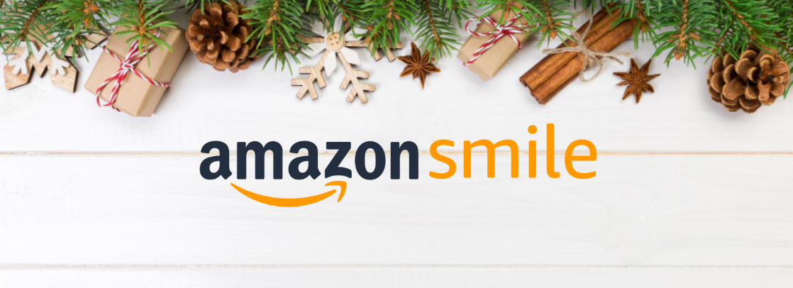 Holiday decor and presents with AmazonSmile logo.