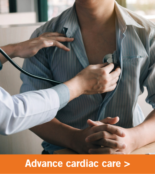 Image of a physician listening to a male patient's heart with a stethoscope. Copy reads "Support Cardiac Care".