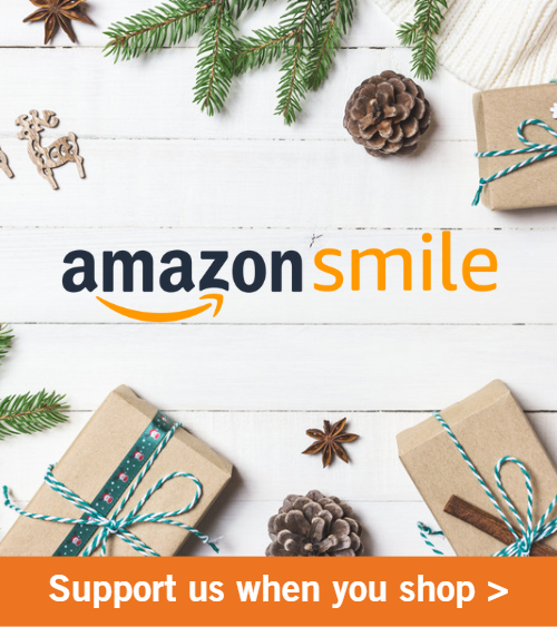 Photo of holiday presents and decor with AmazonSmile Logo. Copy reads "Support us when you shop".