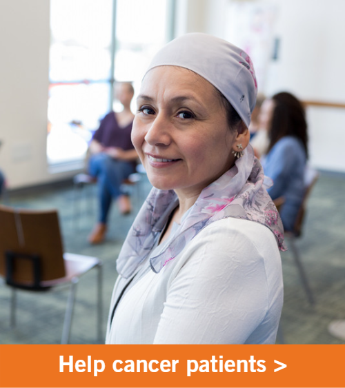 Image of a smiling female cancer patient. Copy reads "Support cancer patients".