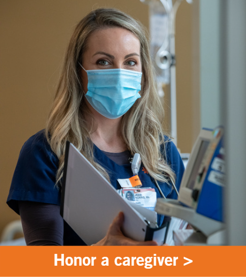 Image of a female nurse in a mask. Copy reads "Honor a caregiver".