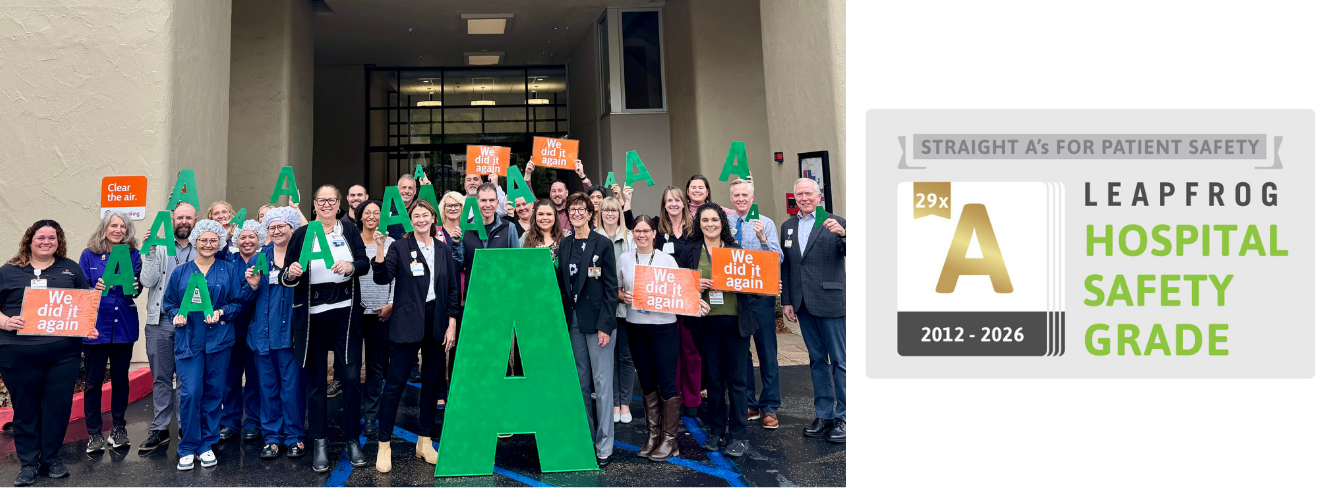 Group photos of French Hospital staff holding signs saying "we did it again" and "A". Logo: Straight A's in Patient Safety 2012-2026 Leapfrog