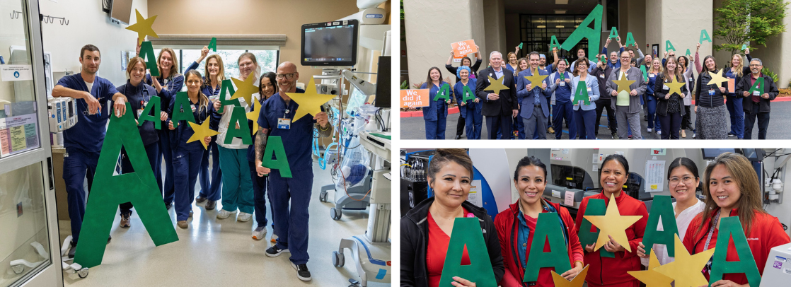 Photo collage of three photos of French Hospital staff holding large, green "A" signs and gold stars
