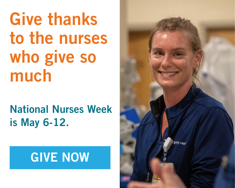 Portrait of a smiling female nurse. Text reads "Give thanks to the nurses who give so much. National Nurses Week is May 6-12. Give now."