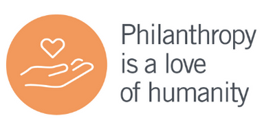 Icon of hand holding a heart. Copy reads "Philanthropy is a love of humanity"