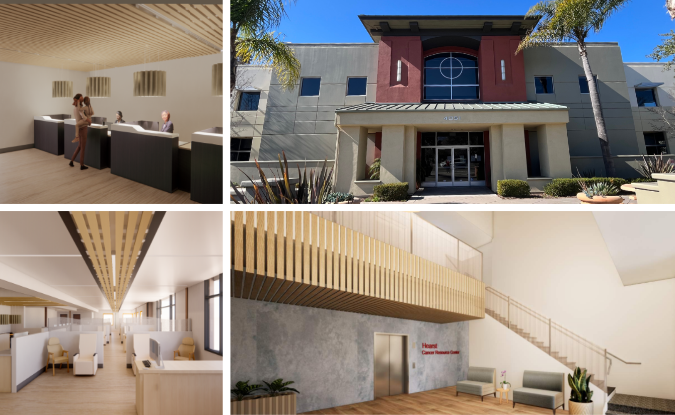 Rendering of the new cancer center, including Hearst Cancer Resource Center lobby entrance and the infusion center.