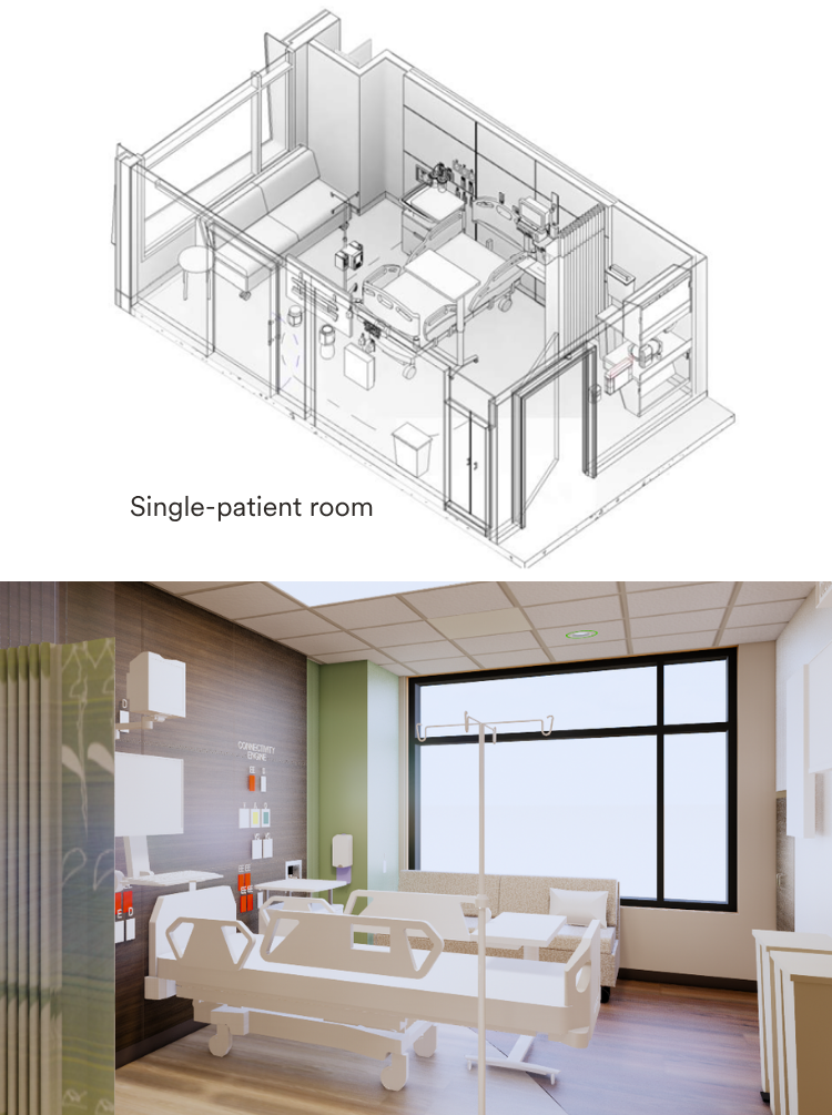 A floorplan and a rendering of a single-patient room