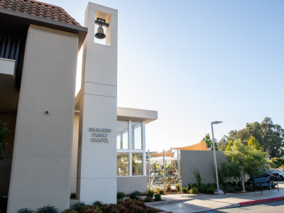 Exterior of the Swanson Family Chapel, including the bell tower