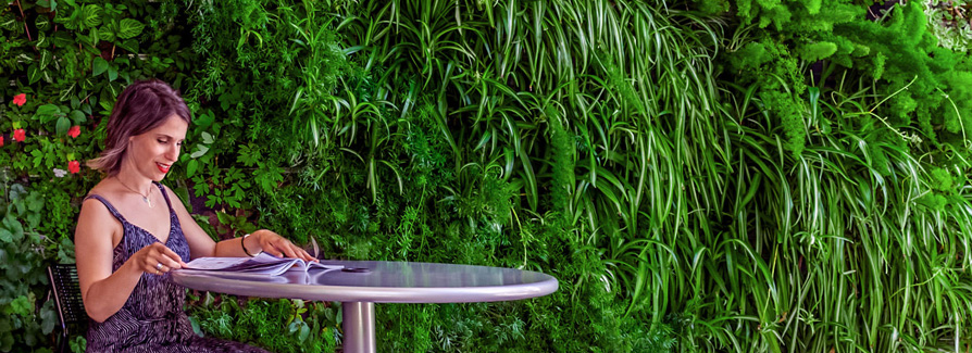 A woman browses a magazine in front of a wall of greenery. Mood is rejuvenating and calm.
